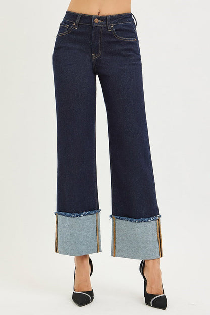 Risen Mid Rise Crop Wide Cuffed Jeans