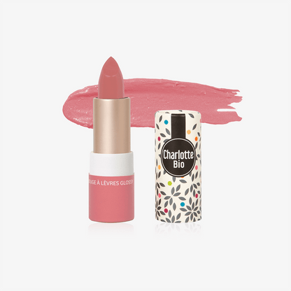 Rouge à lèvres glossy bio Bois de Rose Charlotte Bio, tube ouvert, étui et swatch