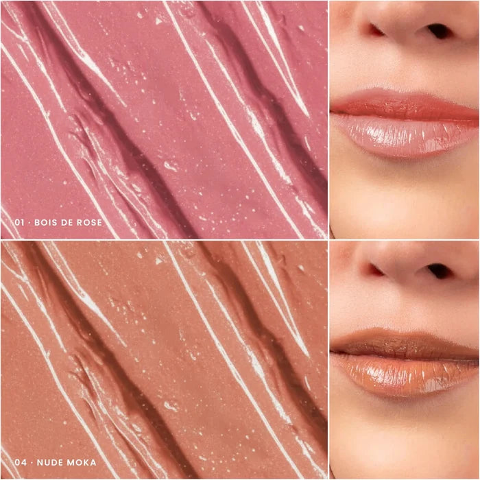 Nuancier des teintes du rouge à lèvres glossy bio Charlotte Bio sur les lèvres