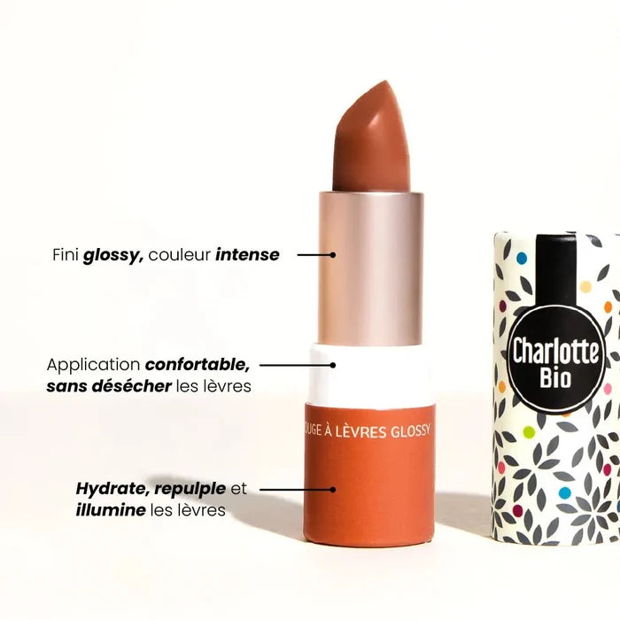 Rouge à lèvres glossy bio Bois de Rose Charlotte Bio, couleur rose pigmentée