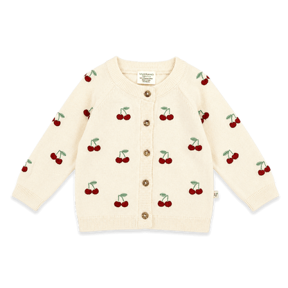 Cherry Embroidered Sweater Knit Baby Cardigan, Organic Cotton