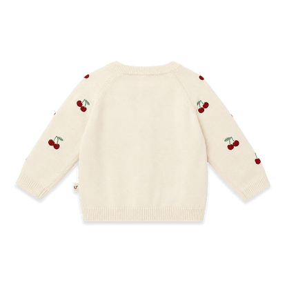 Organic Cotton Cherry Embroidered Sweater Knit Baby Cardigan, Back