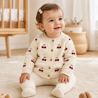 Baby girl wearing Cherry Embroidered Sweater Knit Baby Cardigan (Organic Cotton)