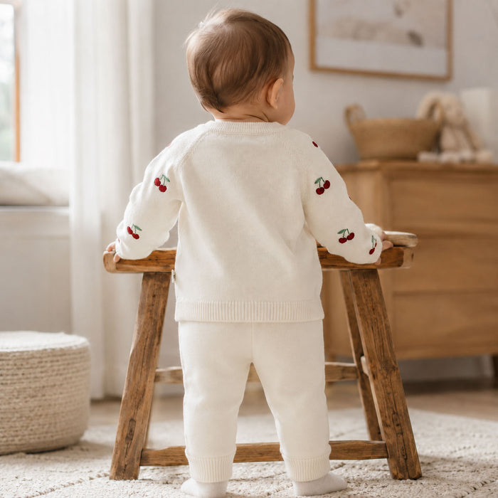 Baby wearing Cherry Embroidered Sweater Knit Baby Cardigan (Organic Cotton) by Viverano