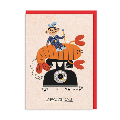 Salvador Dalí greeting card with man riding a lobster telephone illustration
