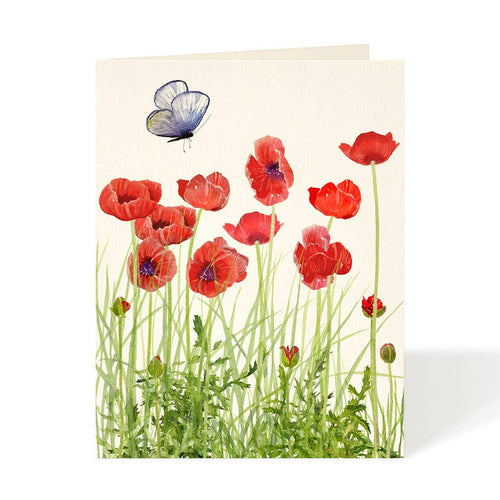 Floral poppies greeting card with red blooms, green stems, and a blue flower
