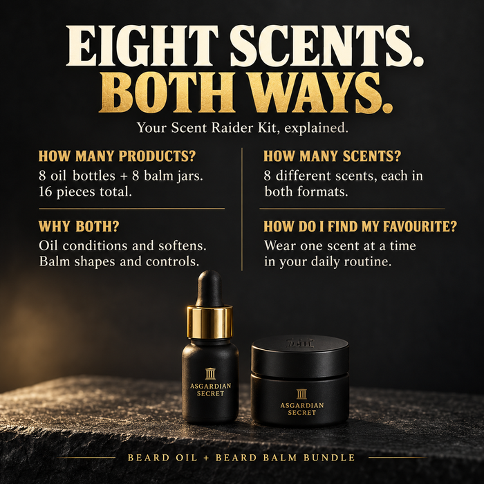 Scent Raider Sample Kit explained, Asgardian Secret beard oil and balm sample on black rock, headline Eight Scents Both Ways, 8 oil bottles plus 8 balm jars in 8 scents