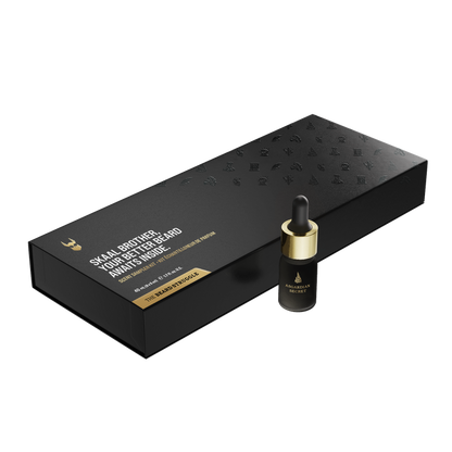 Scent Raider Sample Kit closed black gift box with an Asgardian Secret beard oil sample bottle in front, The Beard Struggle