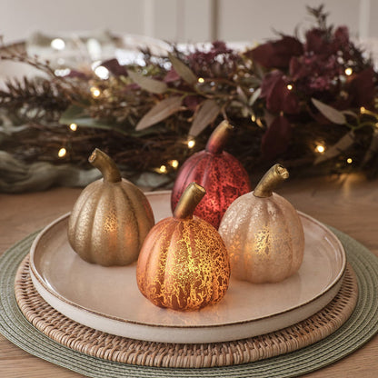 Set of 4 Mini Glass Light Up Pumpkin Decorations