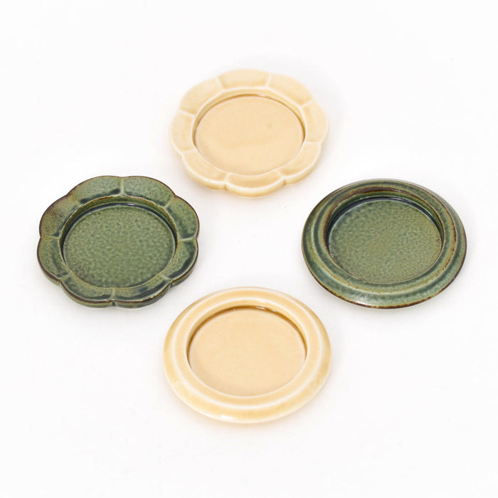 Ceramic incense tray set with round and flower shapes in green and yellow