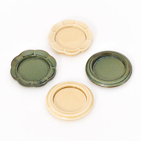 Ceramic incense tray set with round and flower shapes in green and yellow