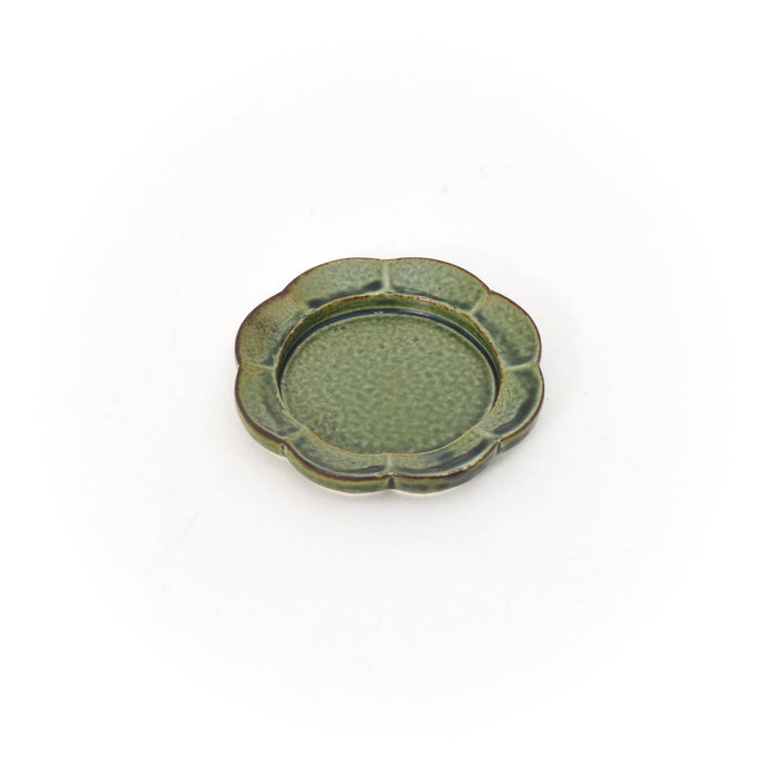 Green ceramic incense tray with flower scalloped edge and central dish