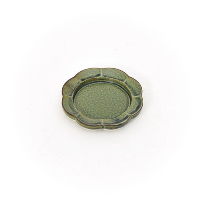Green ceramic incense tray with flower scalloped edge and central dish