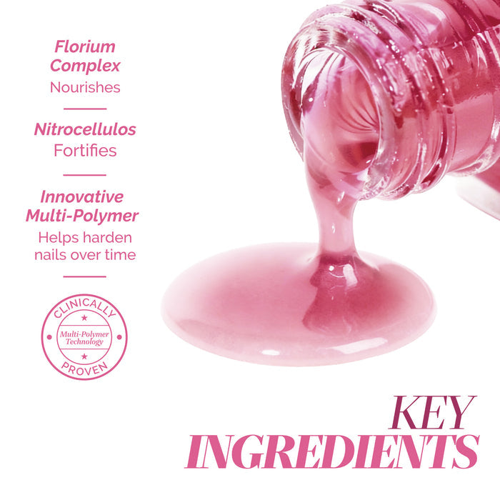LONDONTOWN Sheer Strength Nail Blush – Hibiscus pours from the bottle, featuring Florium Complex, nitrocellulose, and multi-polymer technology with nail hardener for advanced care and a vibrant glow boost.