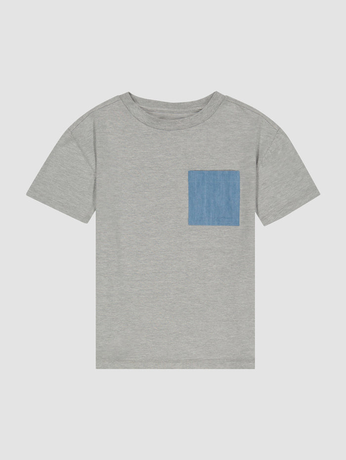 DL1961 kids' Short Sleeve Tee in heather grey with blue chambray chest pocket, flat front view.