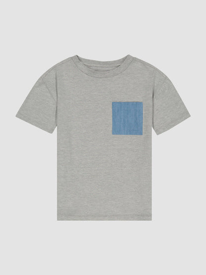 DL1961 kids' Short Sleeve Tee in heather grey with blue chambray chest pocket, flat front view.