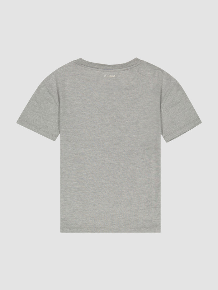 DL1961 kids' Short Sleeve Tee in heather grey 'Heather Grey Mix', flat back view.