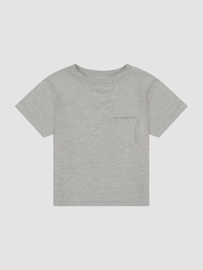 DL1961 kids' Short Sleeve Tee in heather grey with chest pocket, flat front view.