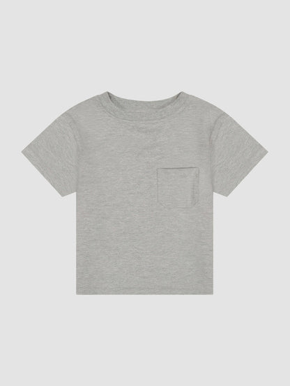 DL1961 kids' Short Sleeve Tee in heather grey with chest pocket, flat front view.