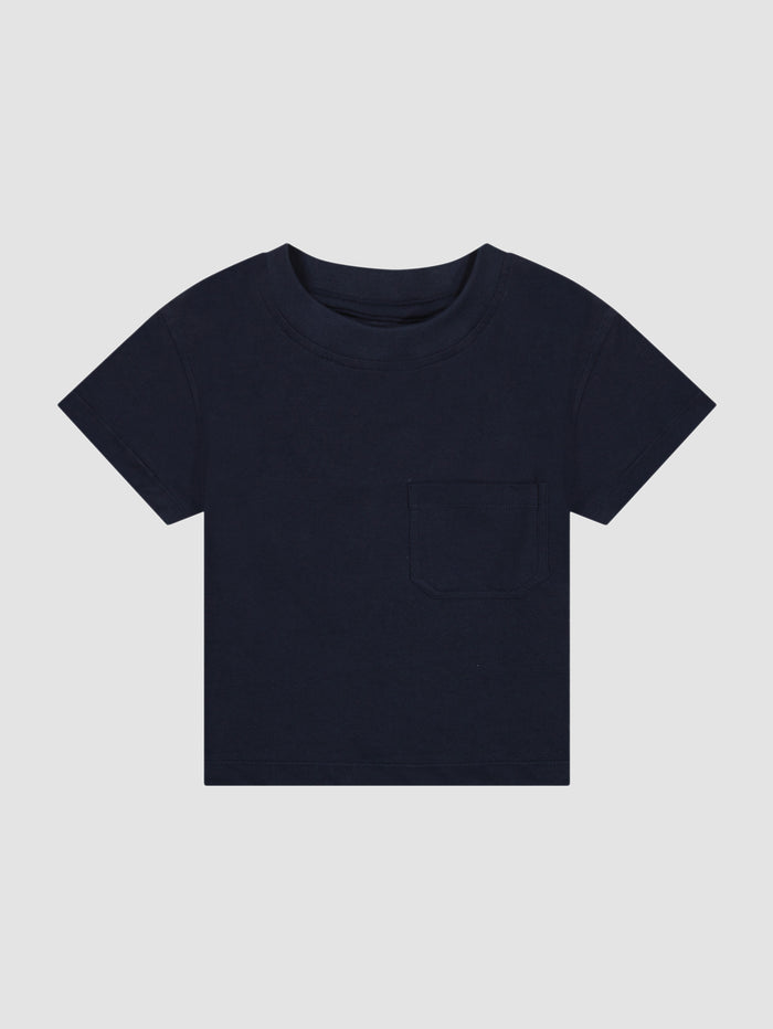 DL1961 kids' Short Sleeve Tee in navy 'Marine' with chest pocket, flat front view.