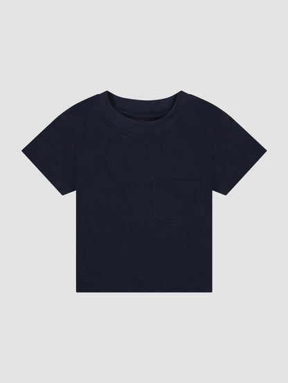 DL1961 kids' Short Sleeve Tee in navy 'Marine' with chest pocket, flat front view.