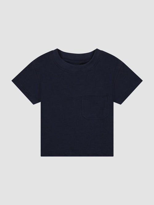 DL1961 kids' Short Sleeve Tee in navy 'Marine' with chest pocket, flat front view.