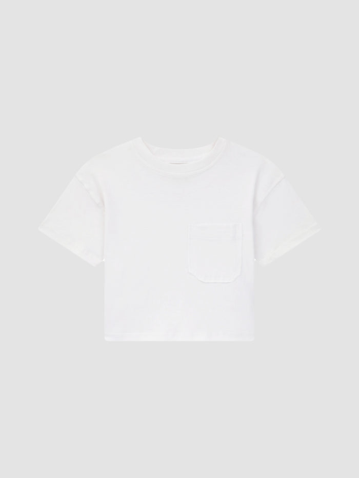 DL1961 kids' Short Sleeve Tee in white with chest pocket, flat front view.