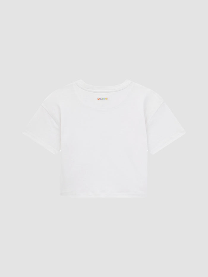 DL1961 kids' Short Sleeve Tee in white with rainbow logo at neck, flat back view.