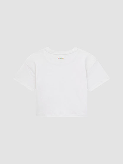 DL1961 kids' Short Sleeve Tee in white with rainbow logo at neck, flat back view.