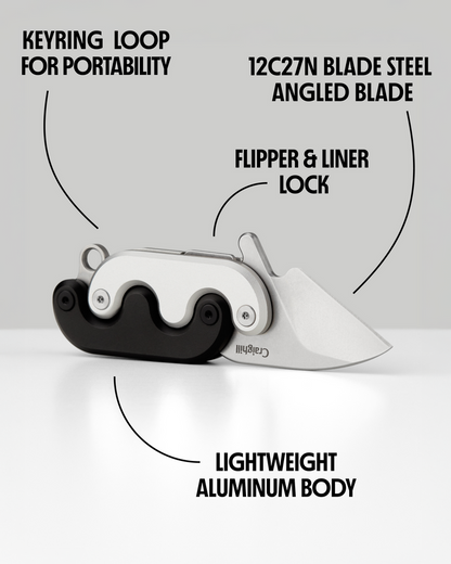 Mini folding knife with keyring loop, flipper/liner lock, angled blade open