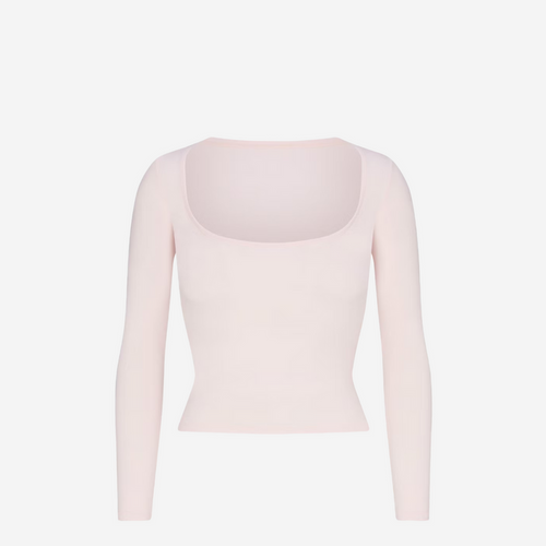 SKIMS COTTON JERSEY SCOOP NECK LONG BARELY PINK