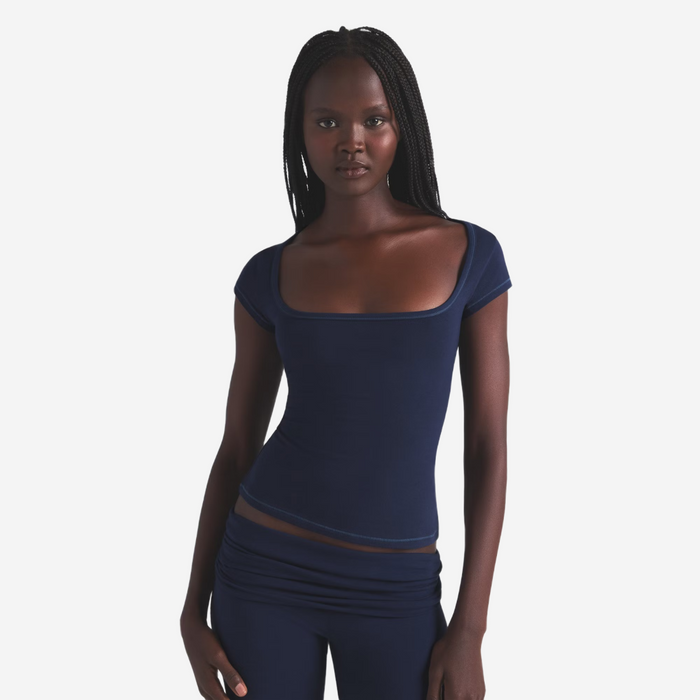 SKIMS COTTON JERSEY SCOOP NECK T-SHIRT NAVY