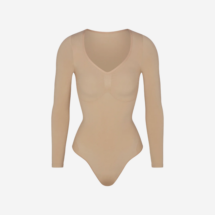 SKIMS SEAMLESS SCULPT LONG SLEEVE THONG BODYSUIT CLAY