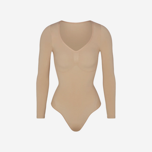 SKIMS SEAMLESS SCULPT LONG SLEEVE THONG BODYSUIT CLAY