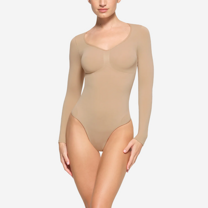SKIMS SEAMLESS SCULPT LONG SLEEVE THONG BODYSUIT CLAY