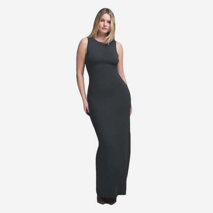 SKIMS SMOOTH LAYERS LONG BOAT NECK DRESS GRAPHITE