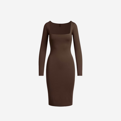 SKIMS SMOOTH LAYERS SQUARE NECK MIDI DRESS ESPRESSO