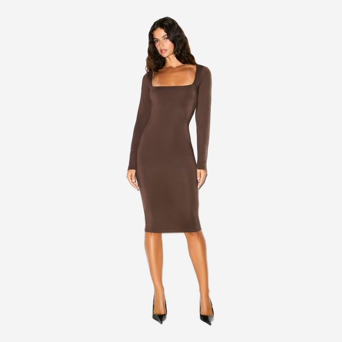 SKIMS SMOOTH LAYERS SQUARE NECK MIDI DRESS ESPRESSO
