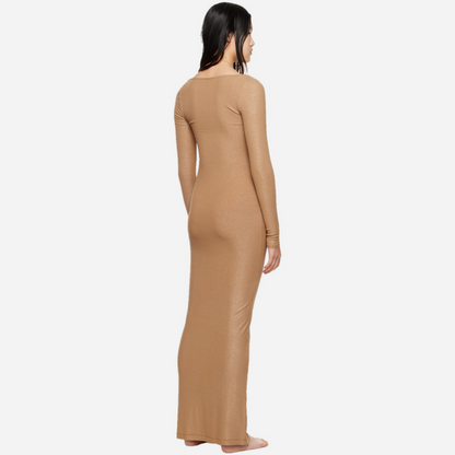 SKIMS Soft Lounge Shimmer Long Sleeve Dress Camel