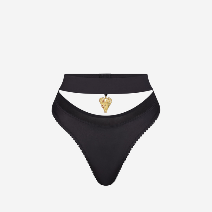 SKIMS STRETCH SATIN PENDANT DIPPED THONG ONYX