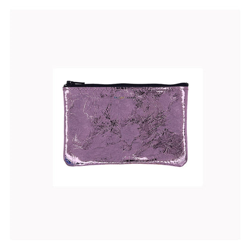 Small metallic foil zip pouch, purple with zip closure, rectangular