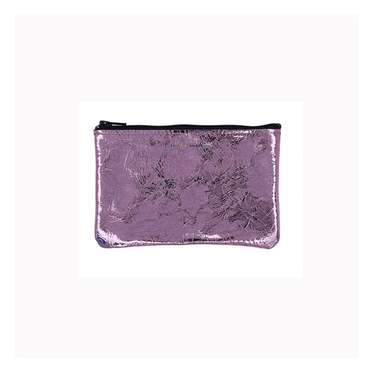 Small metallic foil zip pouch, purple with zip closure, rectangular