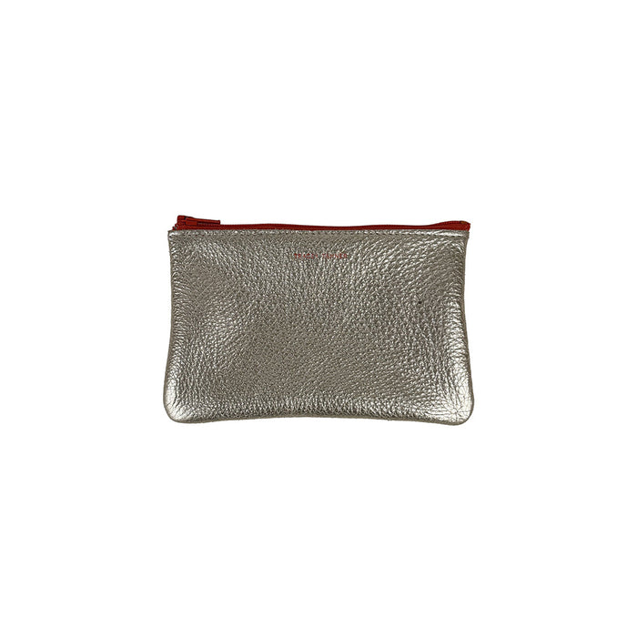 Small metallic foil zip pouch with red zipper, textured matte finish