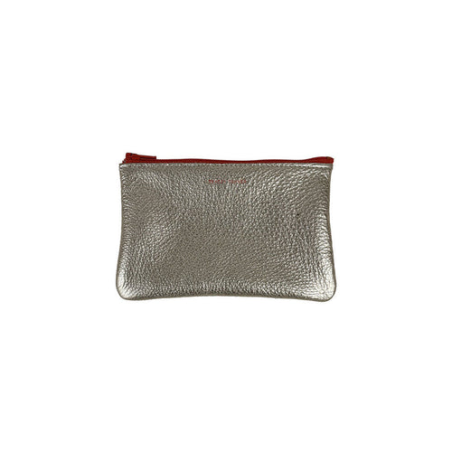 Small metallic foil zip pouch with red zipper, textured matte finish