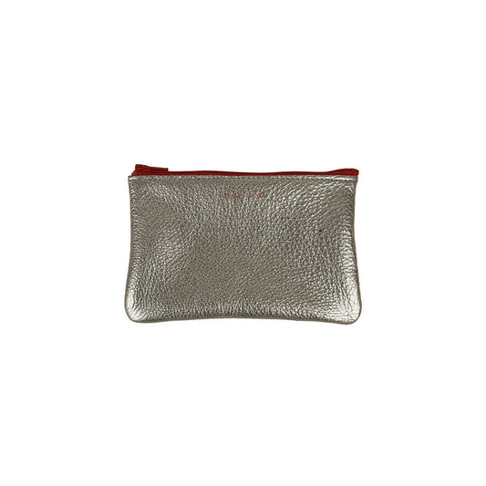 Small metallic foil zip pouch with red zipper, textured matte finish
