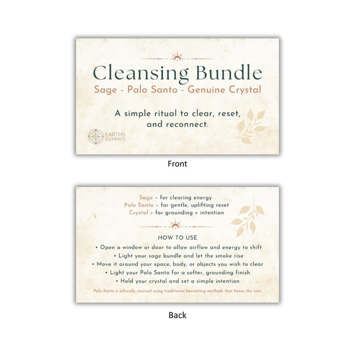 Front and back views of a 'Cleansing Bundle' card set on a white background. The front card features sage green and orange text on a cream-colored background with a small logo for 'Earth Elements'.