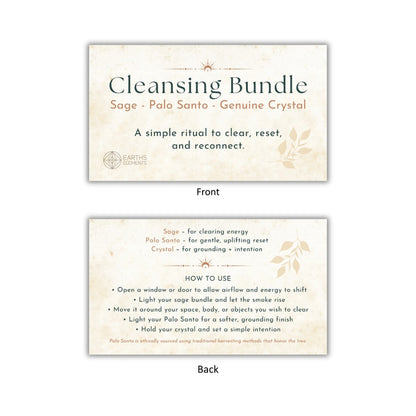 Front and back views of a 'Cleansing Bundle' card set on a white background. The front card features sage green and orange text on a cream-colored background with a small logo for 'Earth Elements'.