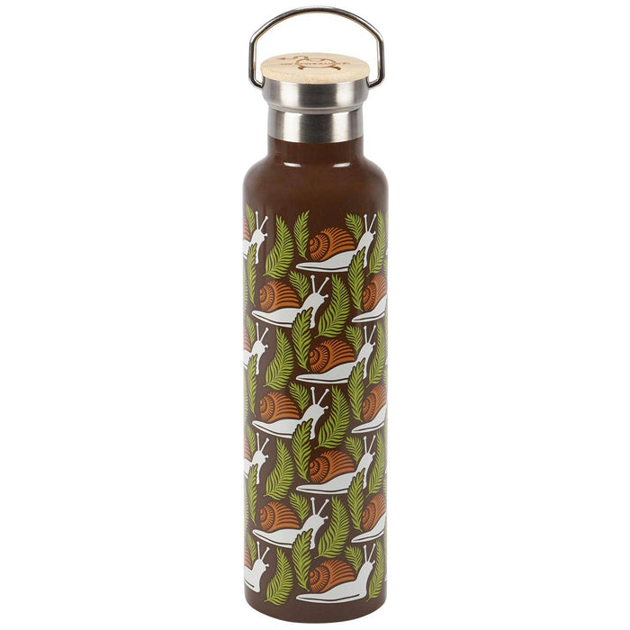Questionables Snail Insulated Glass Bottle with leak-proof lid, featuring a clear glass body and snail design for hot and cold drinks.