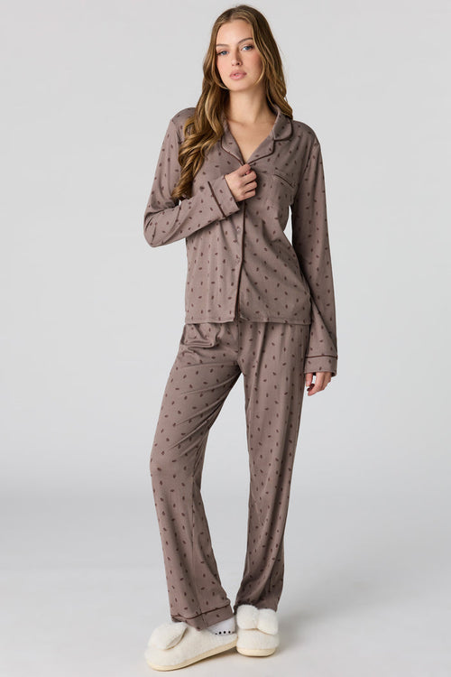 Soft Ribbed Button-Up Top & Pant Pajama Set