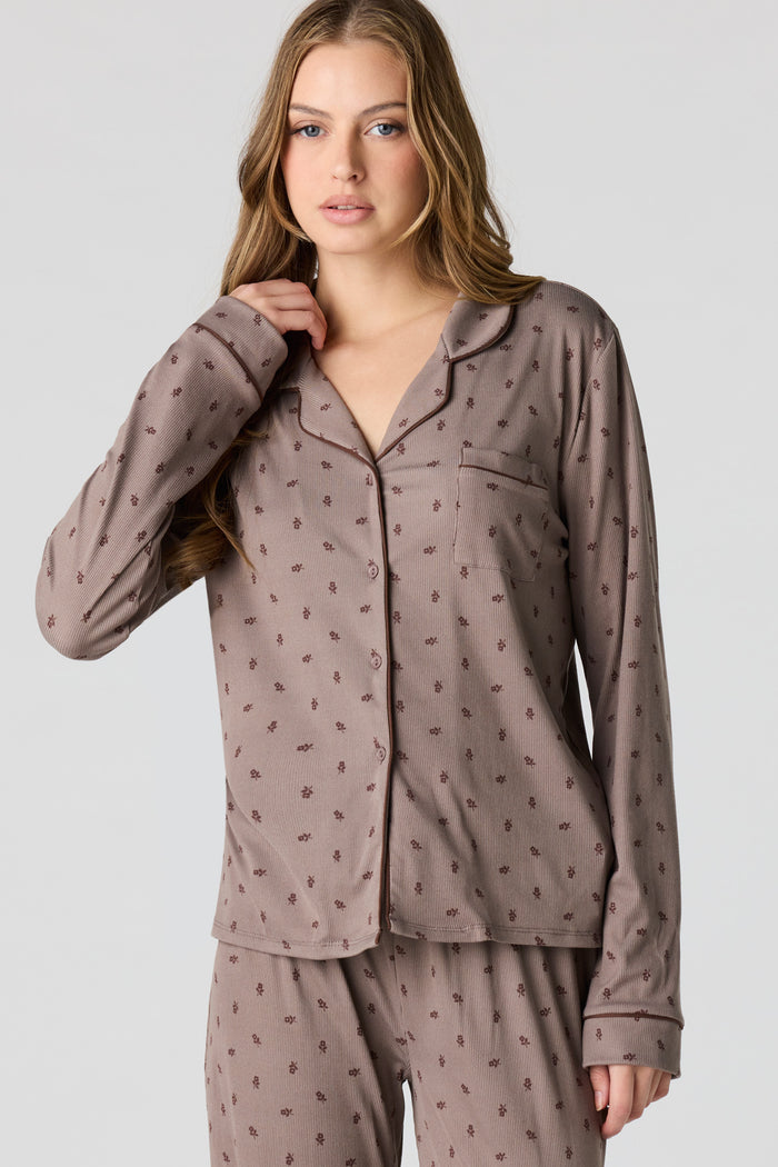 Soft Ribbed Button-Up Top & Pant Pajama Set